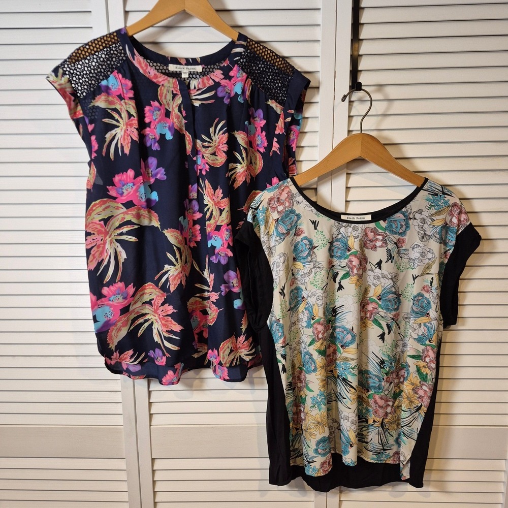 Black Rainn Women's L Floral Blouse Lot of‎ 2 Boho Tops Short Sleeve Mesh Casual